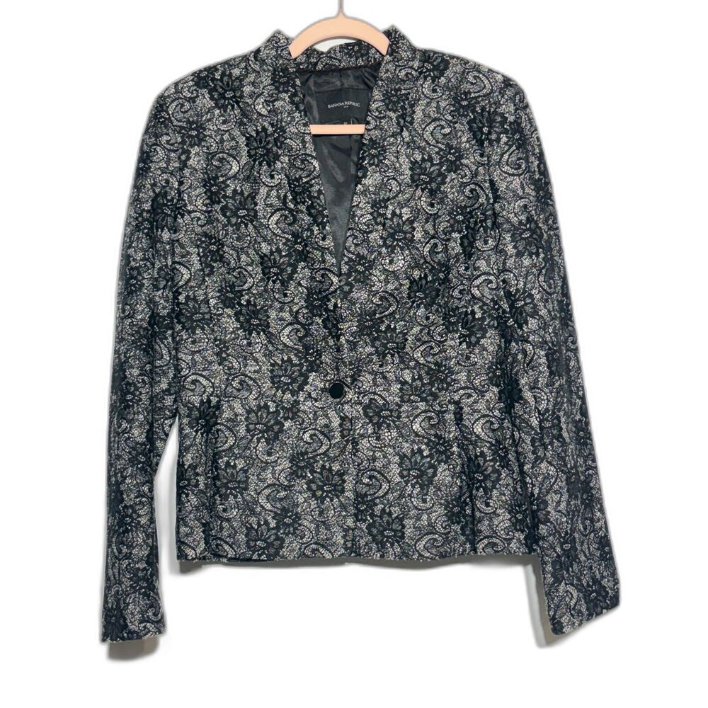 Banana Republic Black Ivory Lace Peplum Blazer Jacket 12 Tailored Floral EUC